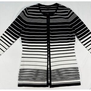 Carlisle Collection Black White Striped Mesh Trim Knit Cardigan Sweater Small